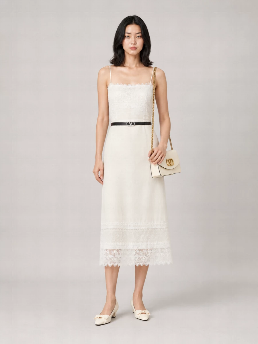 Valentino Linen Embroidered Midi Dress