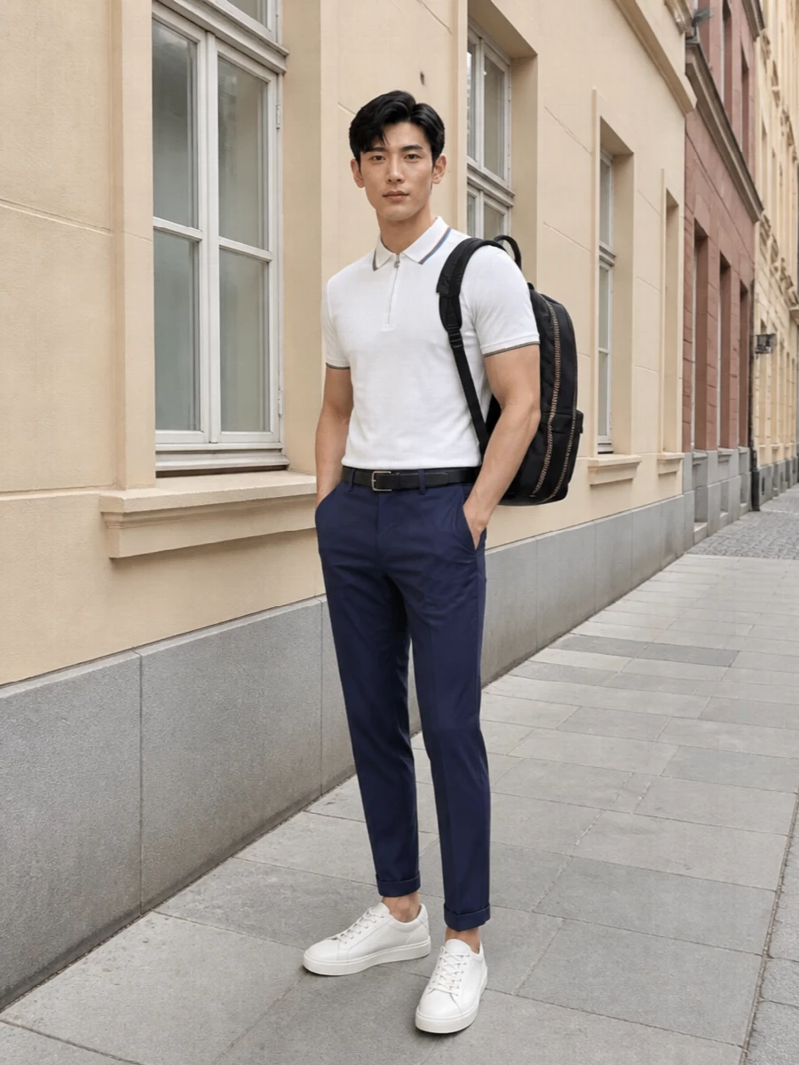 A crisp white zip-polo meets slim inky navy tailoring for a smart summer take on preppy sport. Off-white leather sneakers keep the mood relaxed while a navy belt and structured backpack sharpen the finish without feeling formal.
