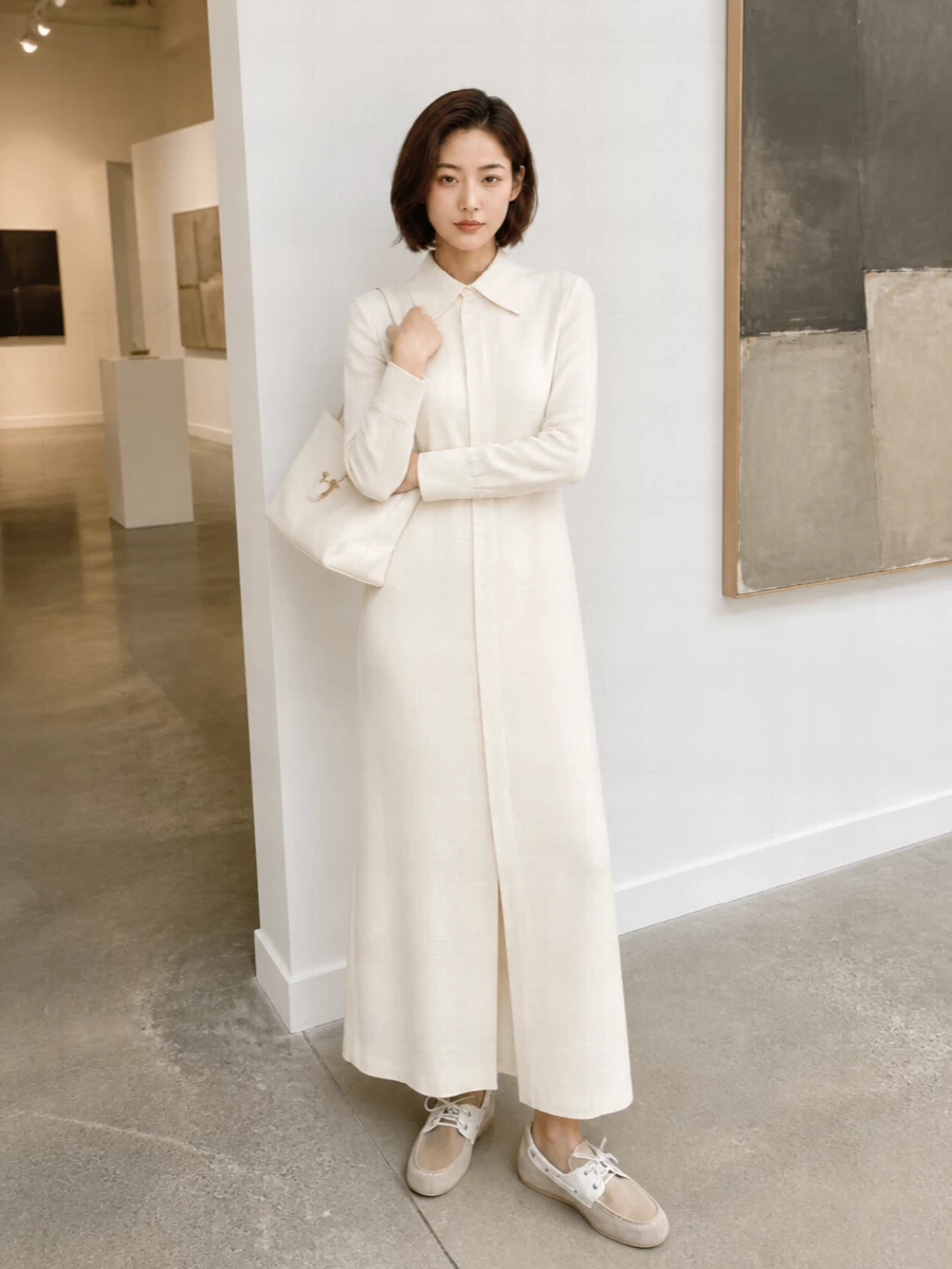 An ivory Ami Paris shirt dress picks up the soft beige and sand tones of the Miu Miu boat-shoe loafers, reading relaxed yet precise for warm city days. The long, clean line keeps everything minimal, while the Ferragamo ivory shoulder bag adds a practical, polished finish without disturbing the quiet, neutral palette.