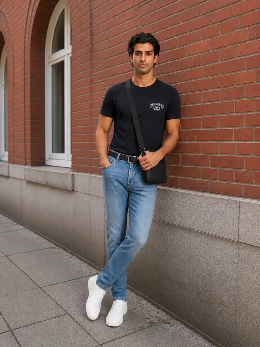 Emporio armani navy tee light jeans white sneakers