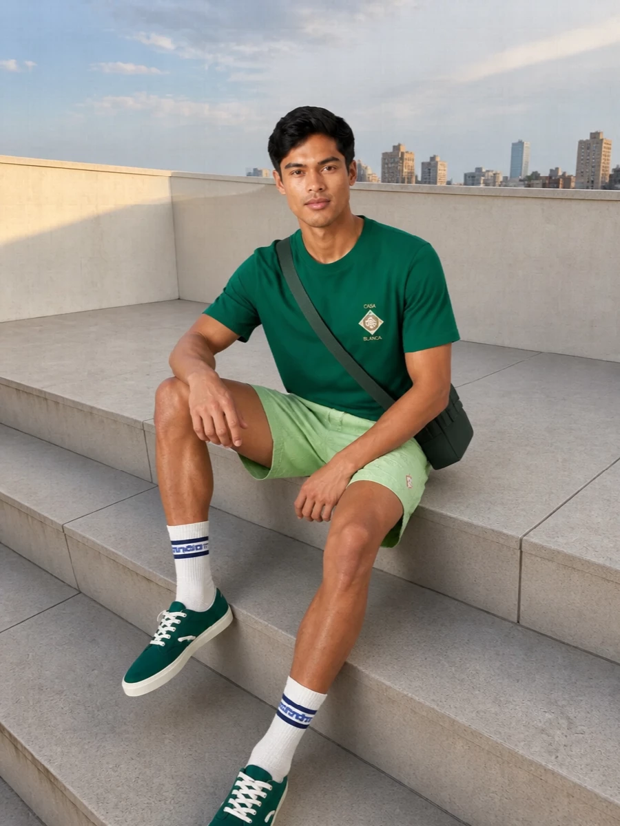 An emerald Casablanca tee pairs with mint jacquard shorts for a fresh, tennis-club take on streetwear. Forest-green canvas sneakers and tonal socks keep the color story tight, while a compact green crossbody adds understated structure for city days and resort travel alike.