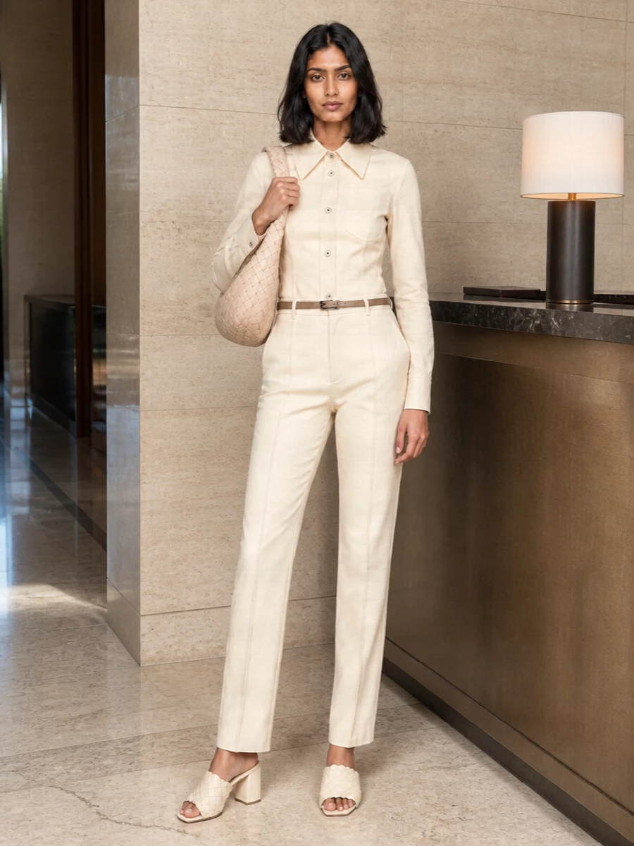 Bottega veneta buttercream shirt trouser outfit