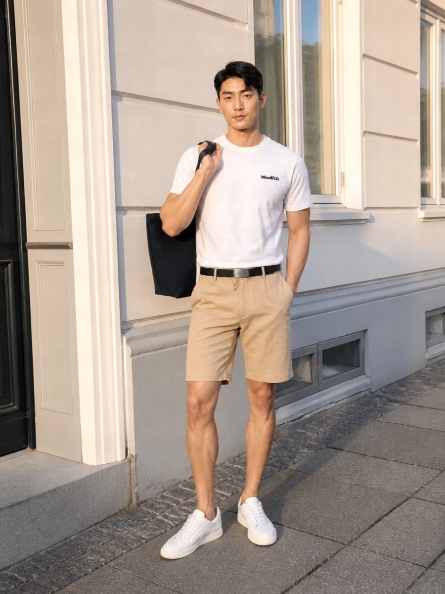 Woolrich white tee sand shorts off white sneakers