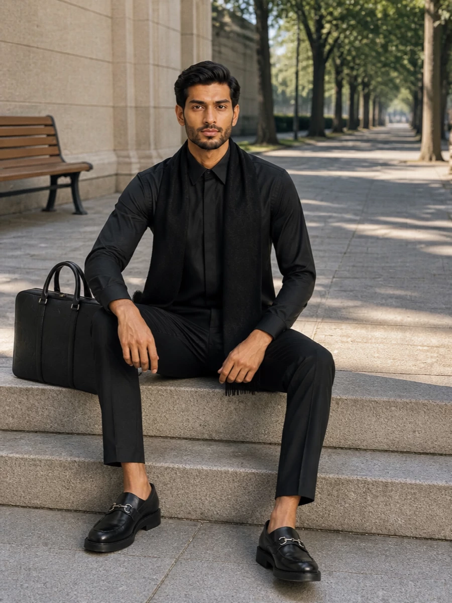 Gucci black tailored shirt outfit loafers