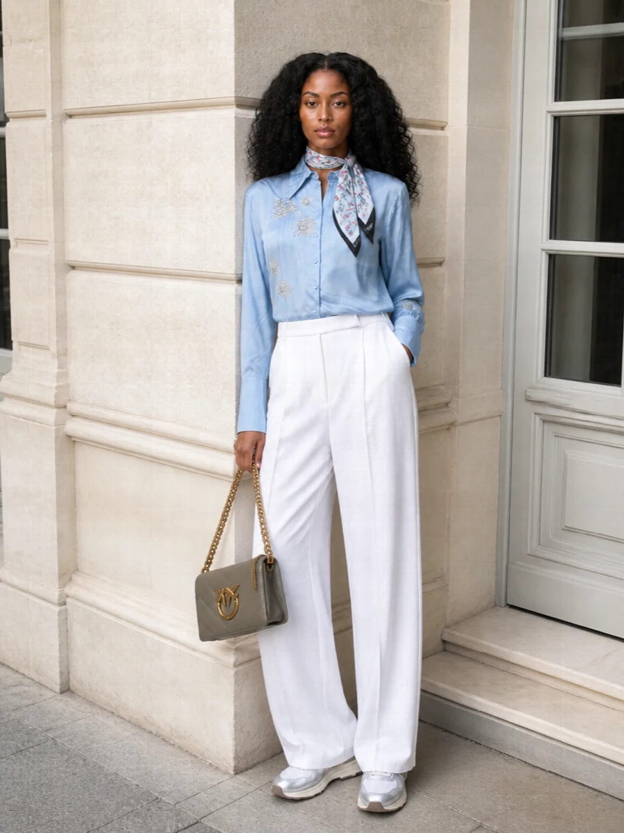 Pinko blue shirt white wide leg trousers