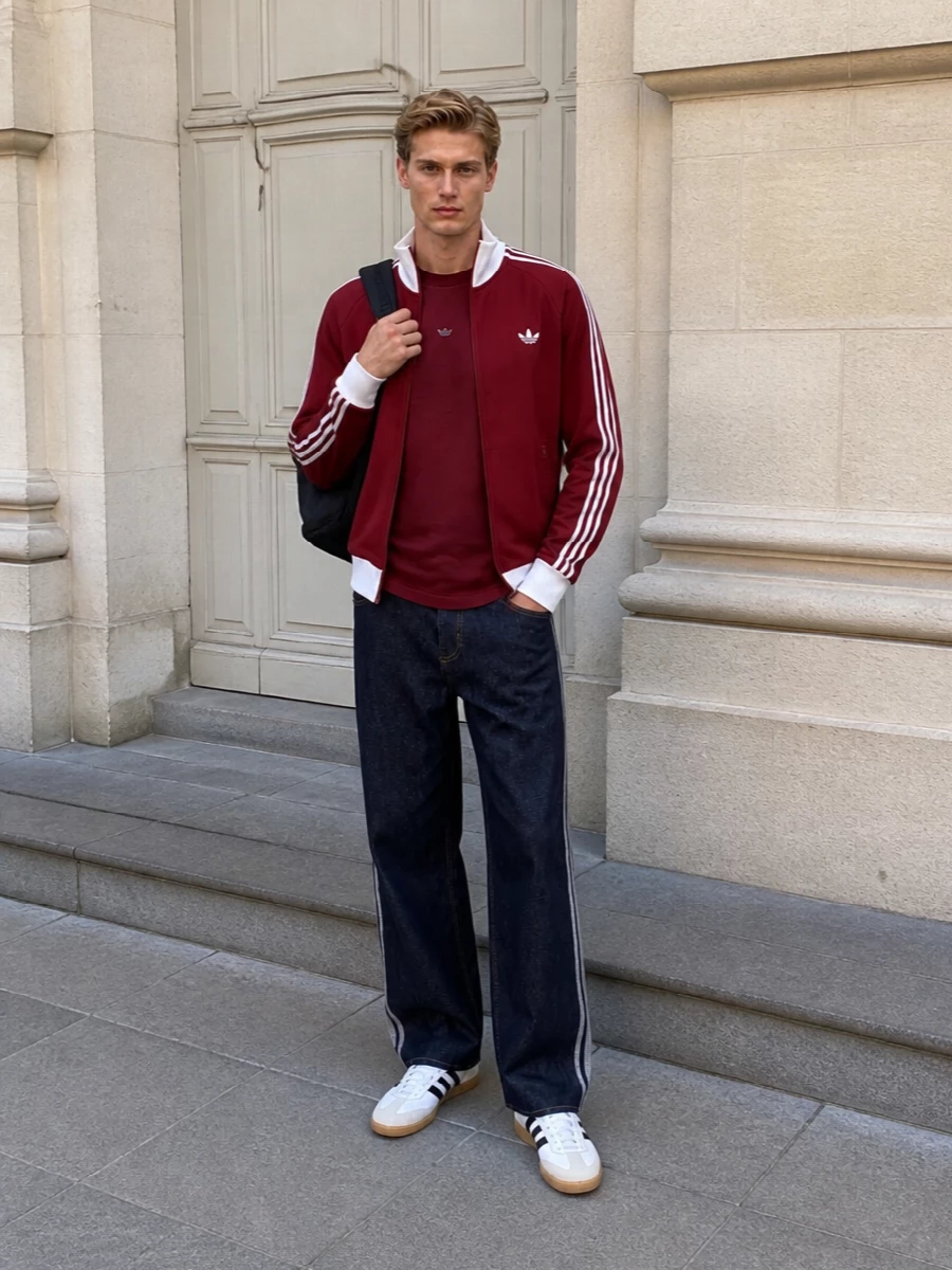Adidas red track jacket jeans sneakers outfit