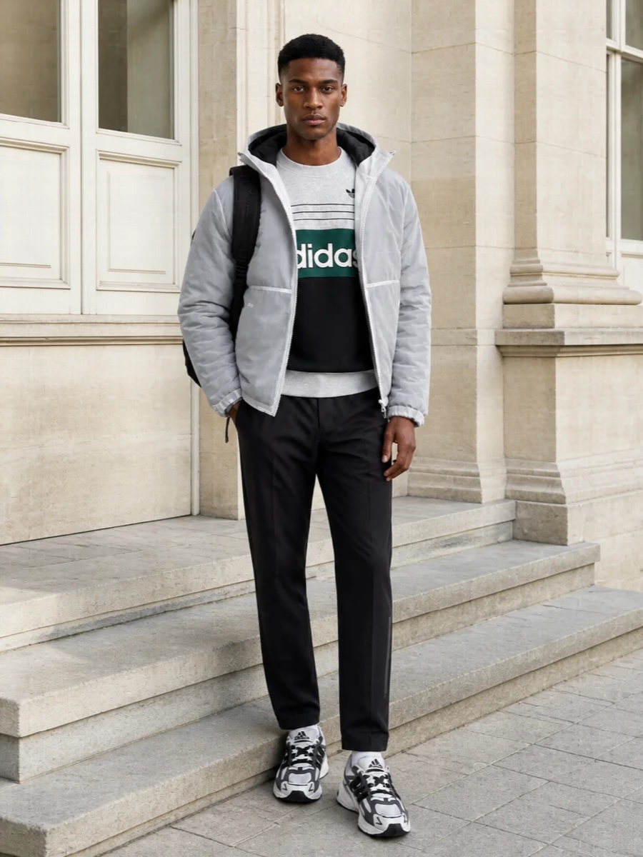 Adidas padded jacket technical trousers outfit