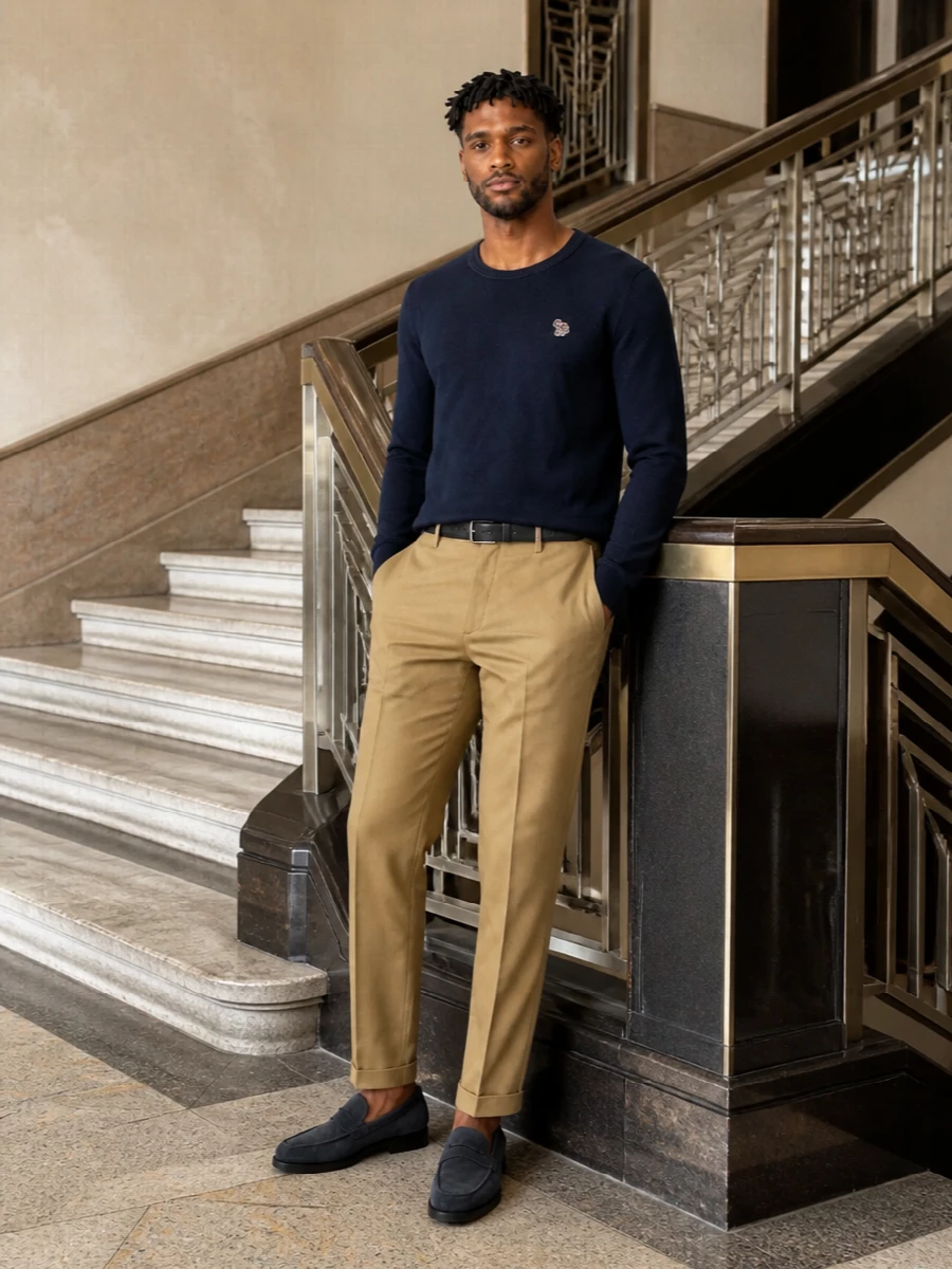 Paul smith navy sweater camel trousers outfit