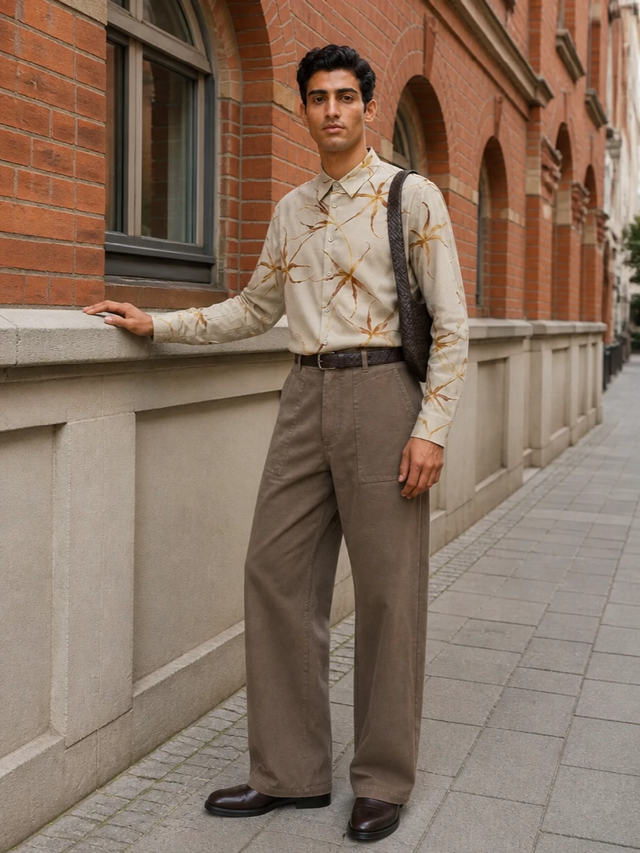Sand florals sit against a high-rise taupe wide leg, creating an easy column of warm neutrals with subtle movement. Dark brown clogs keep it grounded and modern, while the chocolate woven crossbody and belt add texture without noise. The result is soft, romantic tailoring that feels composed but not overworked for city days or low-key evenings.