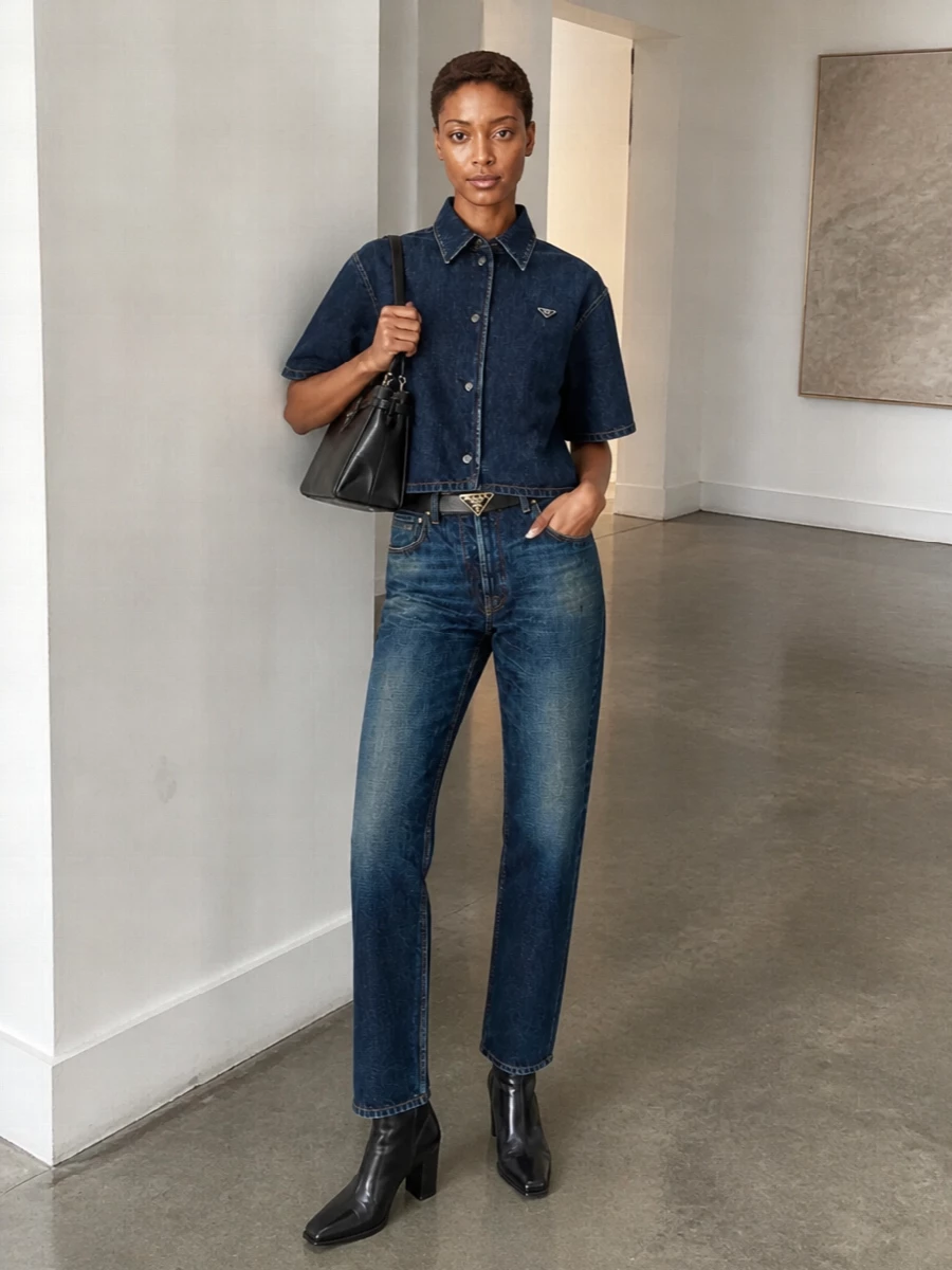 Prada dark denim jacket straight jeans boots