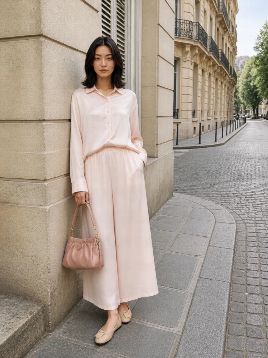 Ermanno scervino blush satin outfit prada bag