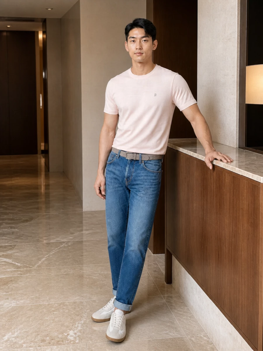 Dondup jeans blush tee white sneakers outfit