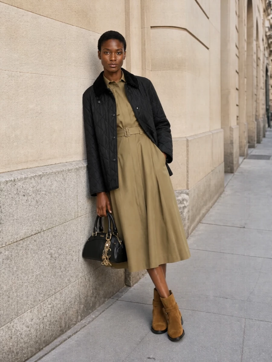 Burberry quilted jacket camel midi shirt dress