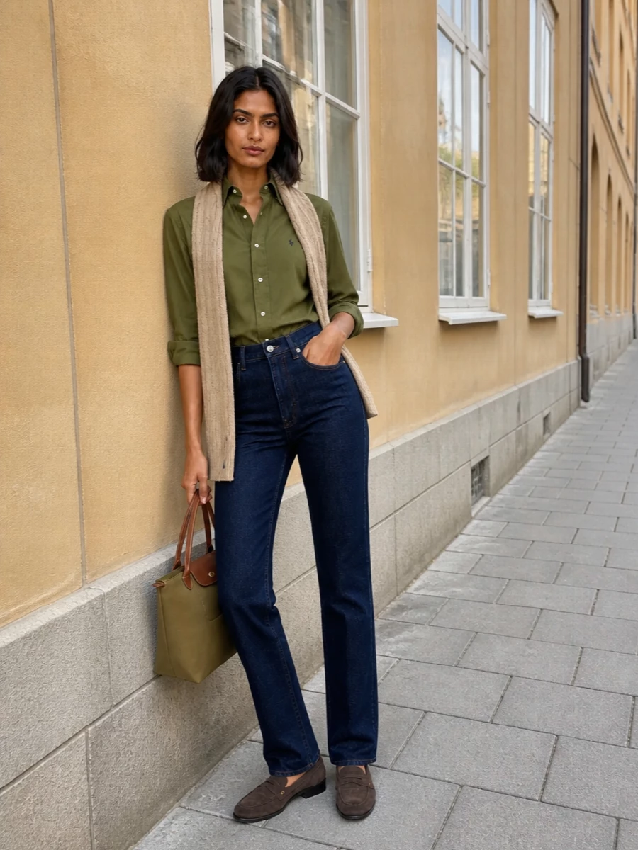 Polo olive shirt dark jeans outfit