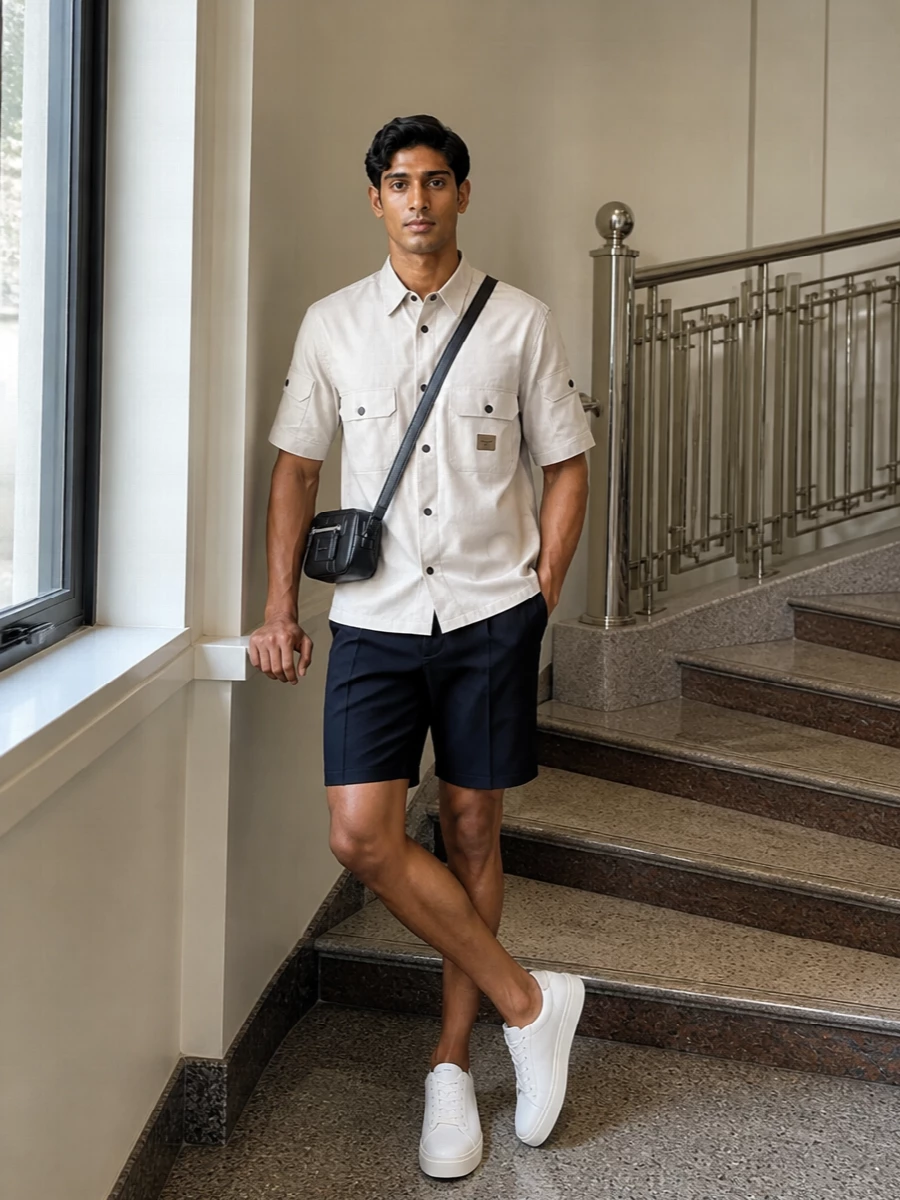 Emporio armani utility shirt navy shorts outfit