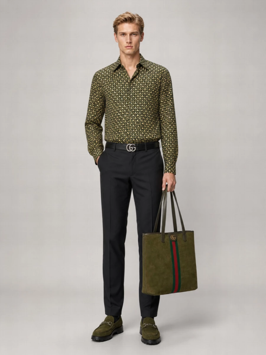 Gucci Silk Horsebit Print Long-Sleeve Shirt