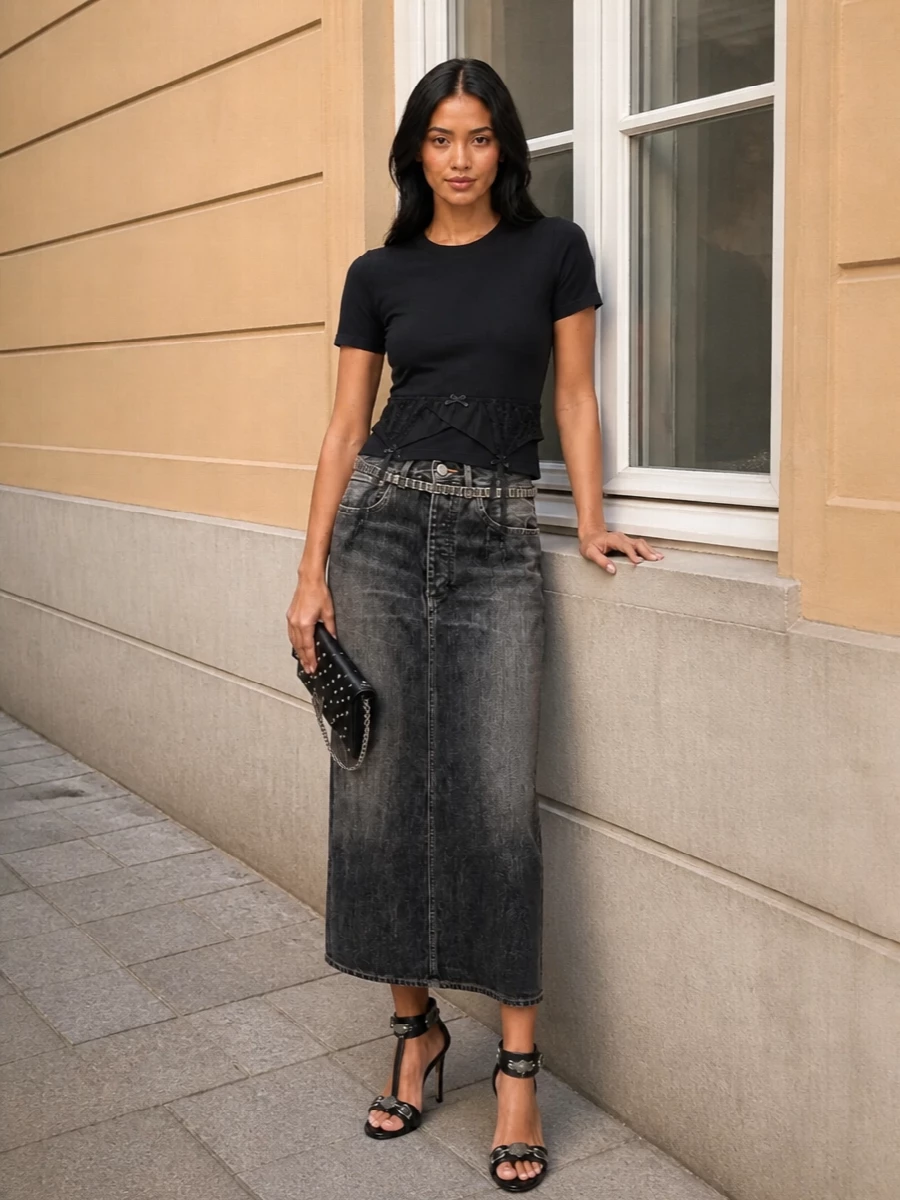 Balenciaga corset tee denim midi skirt outfit