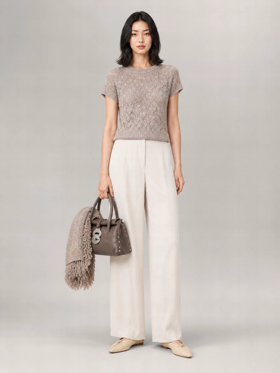 Fabiana Filippi Open-Knit Bow-Detail Wool-Blend Short-Sleeve Crew-Neck Top