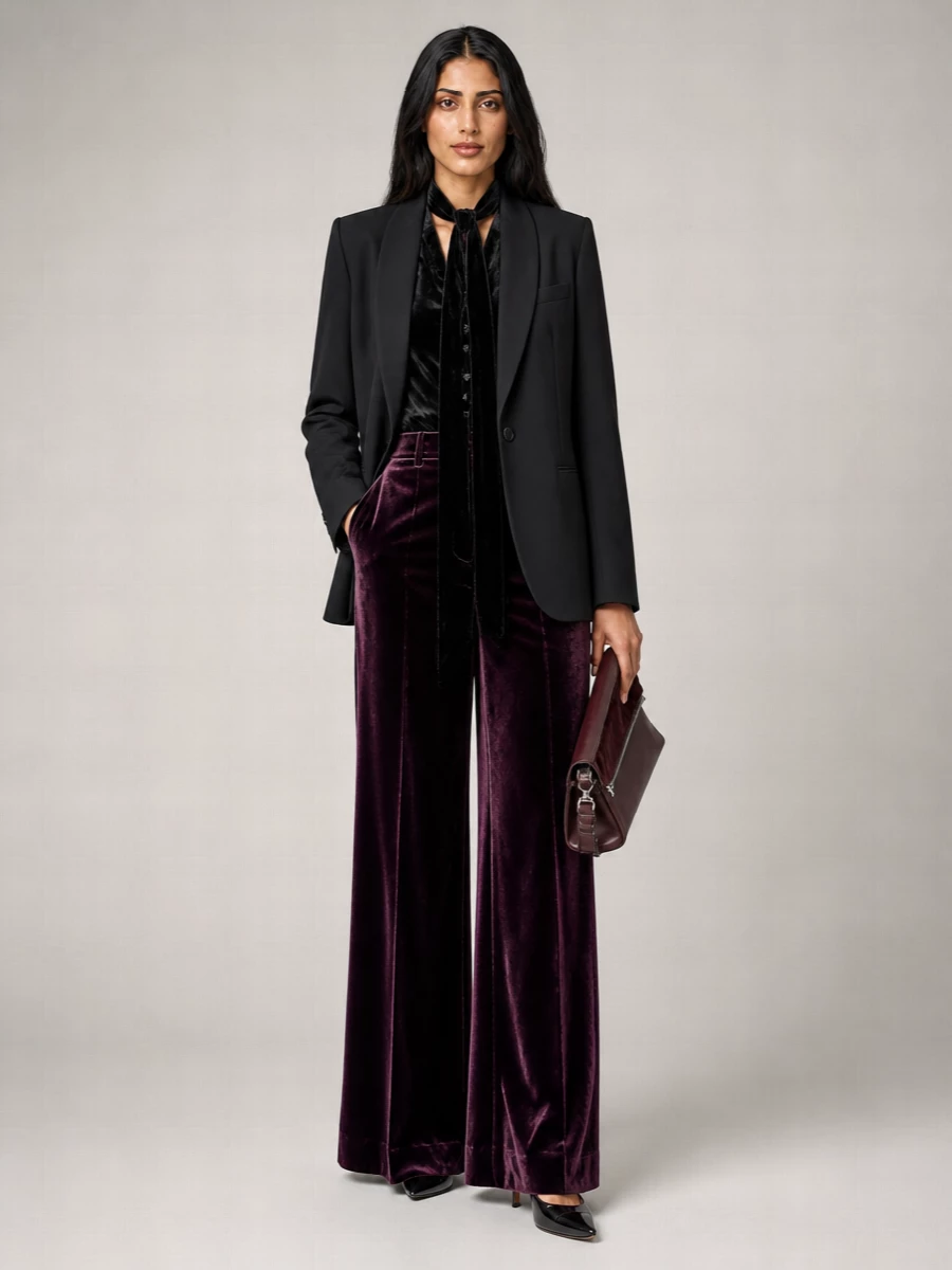 Deep wine velvet grounds the outfit in quiet drama, while the black Margiela blazer and patent pumps cut through with a clean, tailored edge. A tonal burgundy shoulder bag and slim black velvet scarf keep the palette tightly edited, so the high-waisted wide leg reads elongated, polished and intentionally plush for evening.