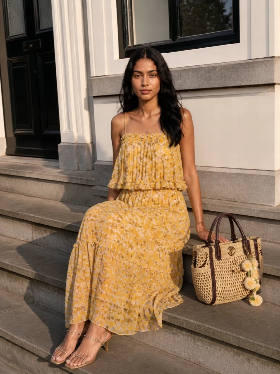 Chloe floral maxi gold sandals raffia bag