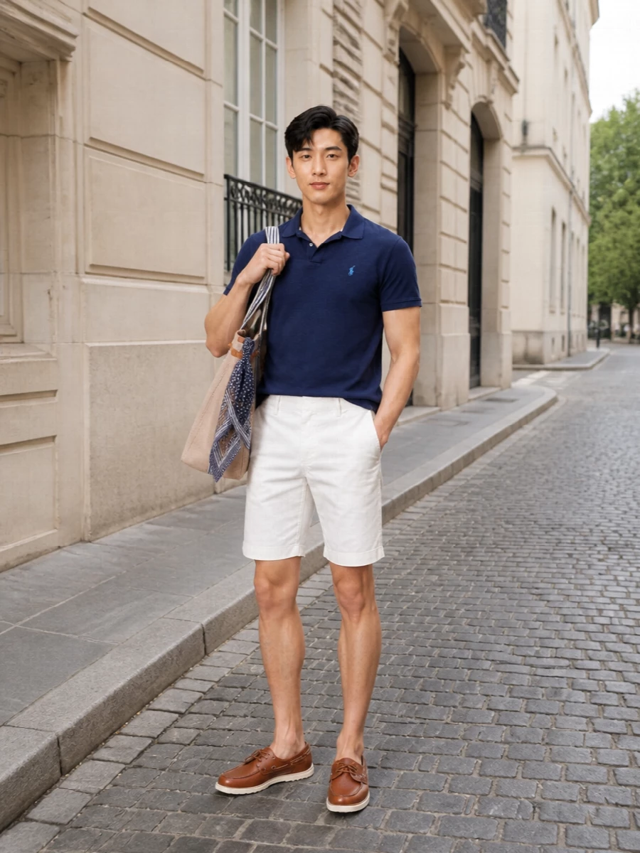 Navy terry, crisp white chino and tan leather come together in a clean, East Coast prep palette that feels relaxed but considered for warm days. Boat loafers keep it marina ready, while the structured canvas tote and silk scarf add just enough polish for terrace lunches or coastal city strolls. It is an easy uniform when you want sport‑inflected comfort with a smarter edge than basic tee and shorts.