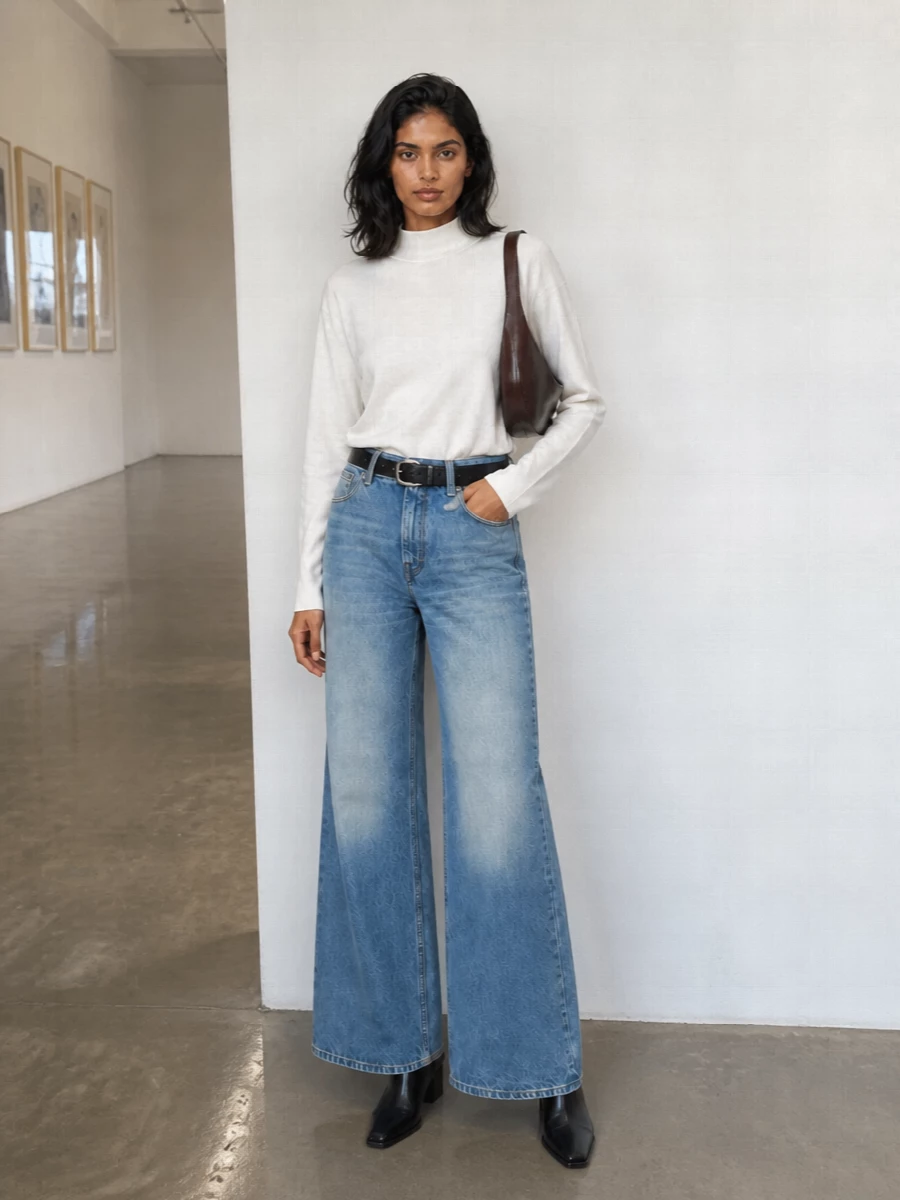 High-rise, wide-leg denim stays relaxed but intentional with a clean soft-white mock-neck that keeps everything bright and minimal. A pointed black Chelsea boot and structured dark leather shoulder bag sharpen the volume, while a simple black belt quietly locks in the waist. The result is an easy city uniform that feels modern, lengthening, and unfussy in cooler weather.