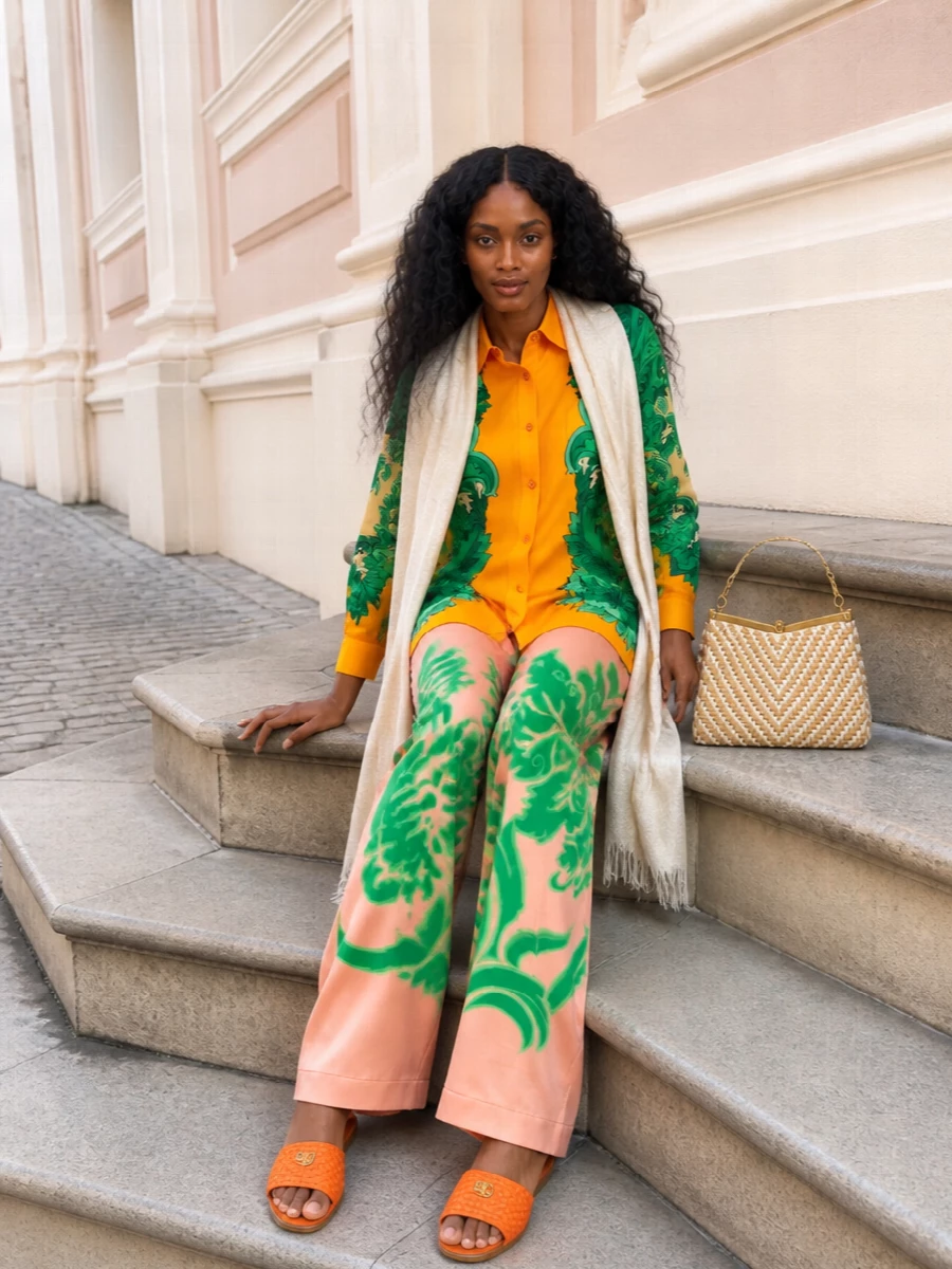 Etro orange shirt wide leg trousers outfit