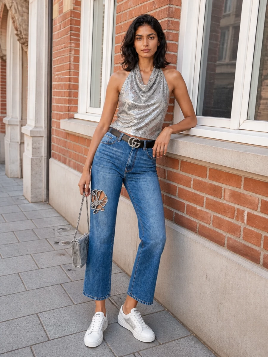 Stella mccartney embellished jeans metallic top