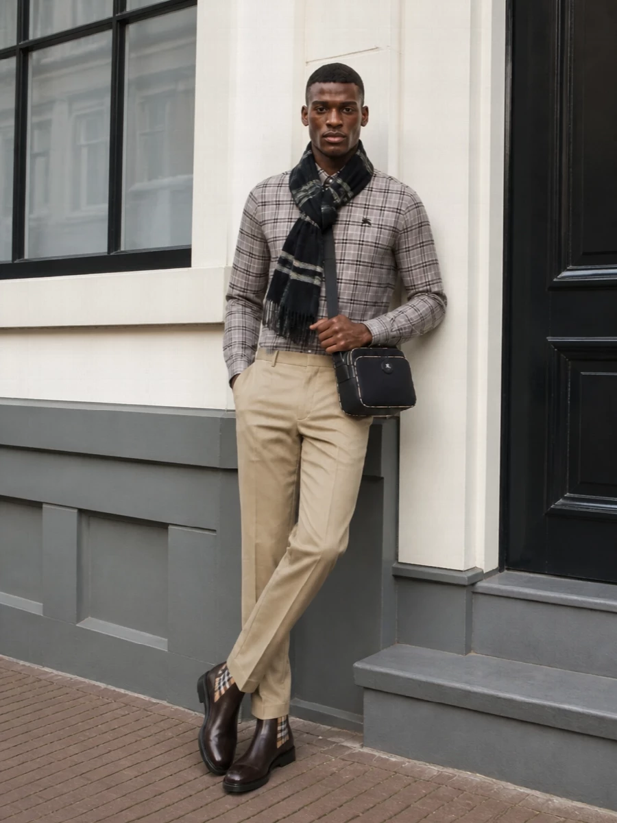 Burberry checked shirt khaki chinos chelsea boots