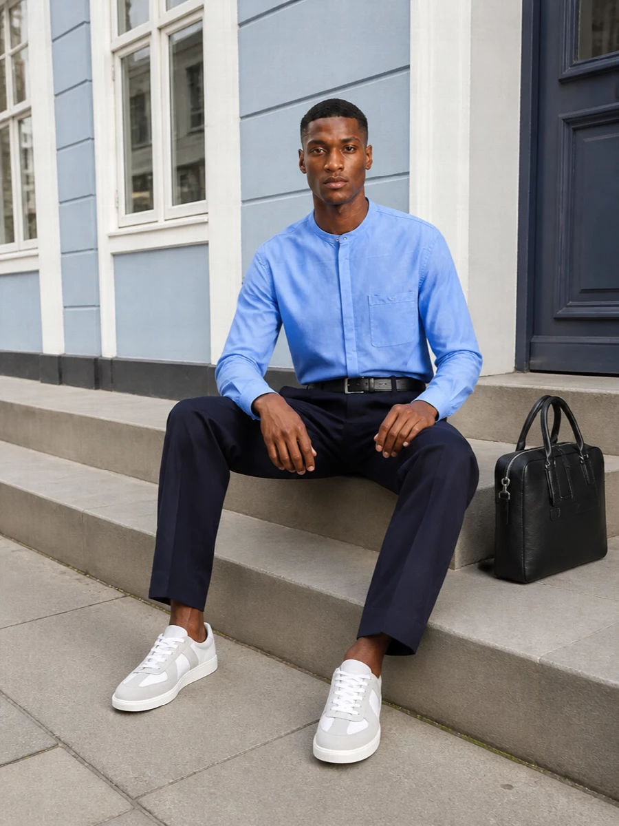 Armani navy trouser margiela sneaker outfit