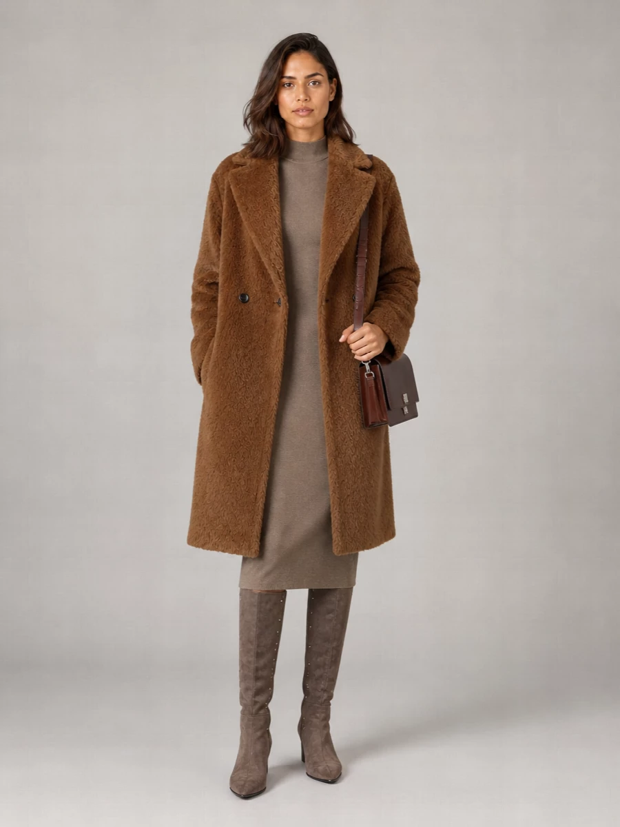 I chose the dress route so the teddy coat can wrap around one continuous knit column, keeping the mood cocooned yet precise instead of breaking the line with separate top and trouser volumes. The taupe midi, over-the-knee suede boots and structured chocolate bag sit in the same Max Mara vocabulary of quiet, city-ready polish, giving a long, seamless profile that works all day. Warm neutrals and mixed textures do the work here, so the overall effect feels intentional without trying too hard.