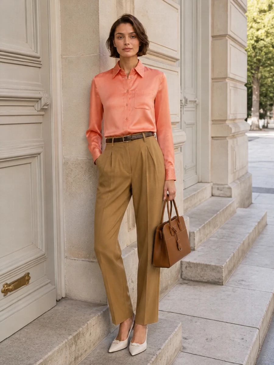Prada peach satin shirt camel tailored trousers