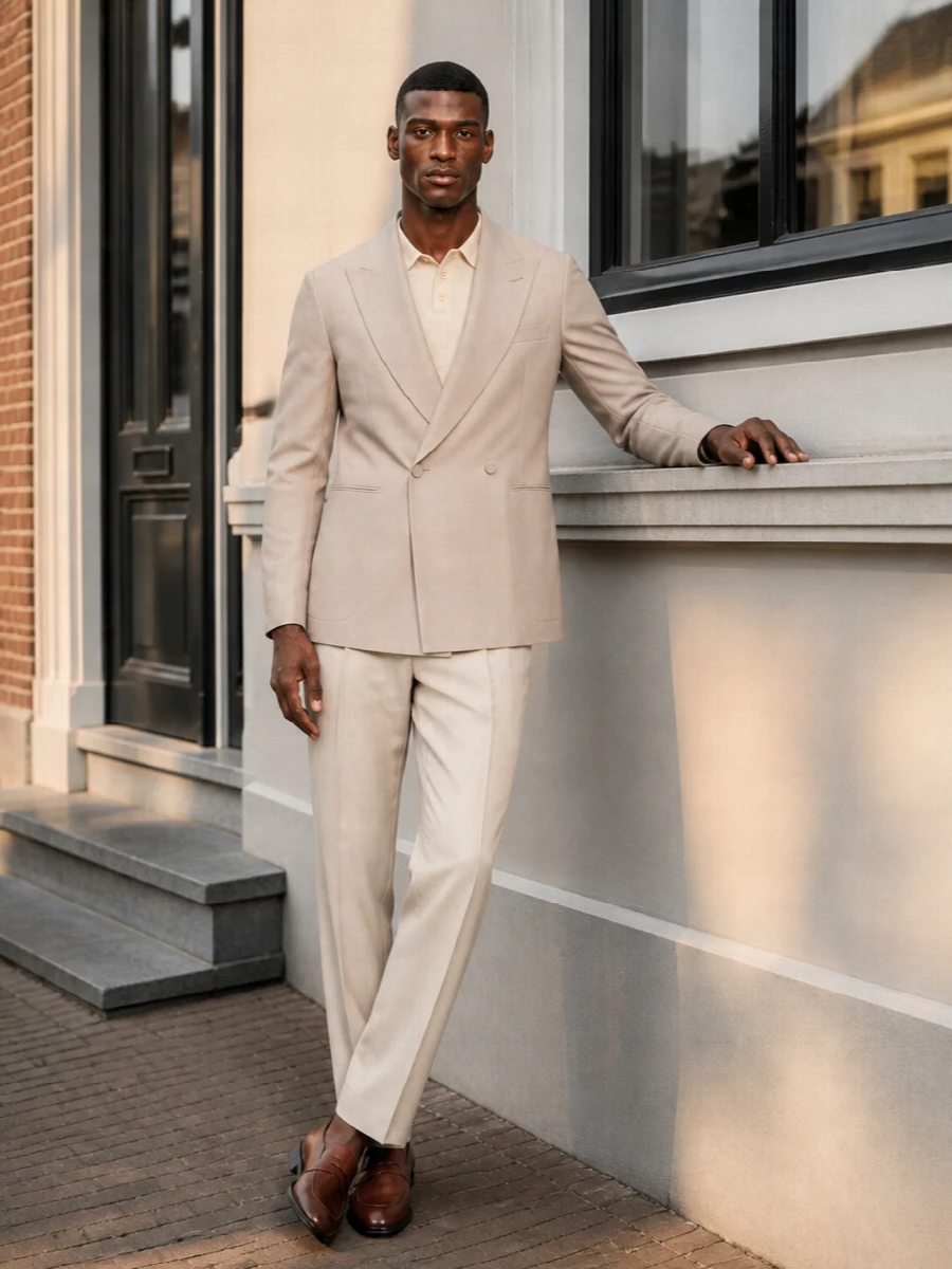 Tagliatore taupe blazer beige trousers tods loafers