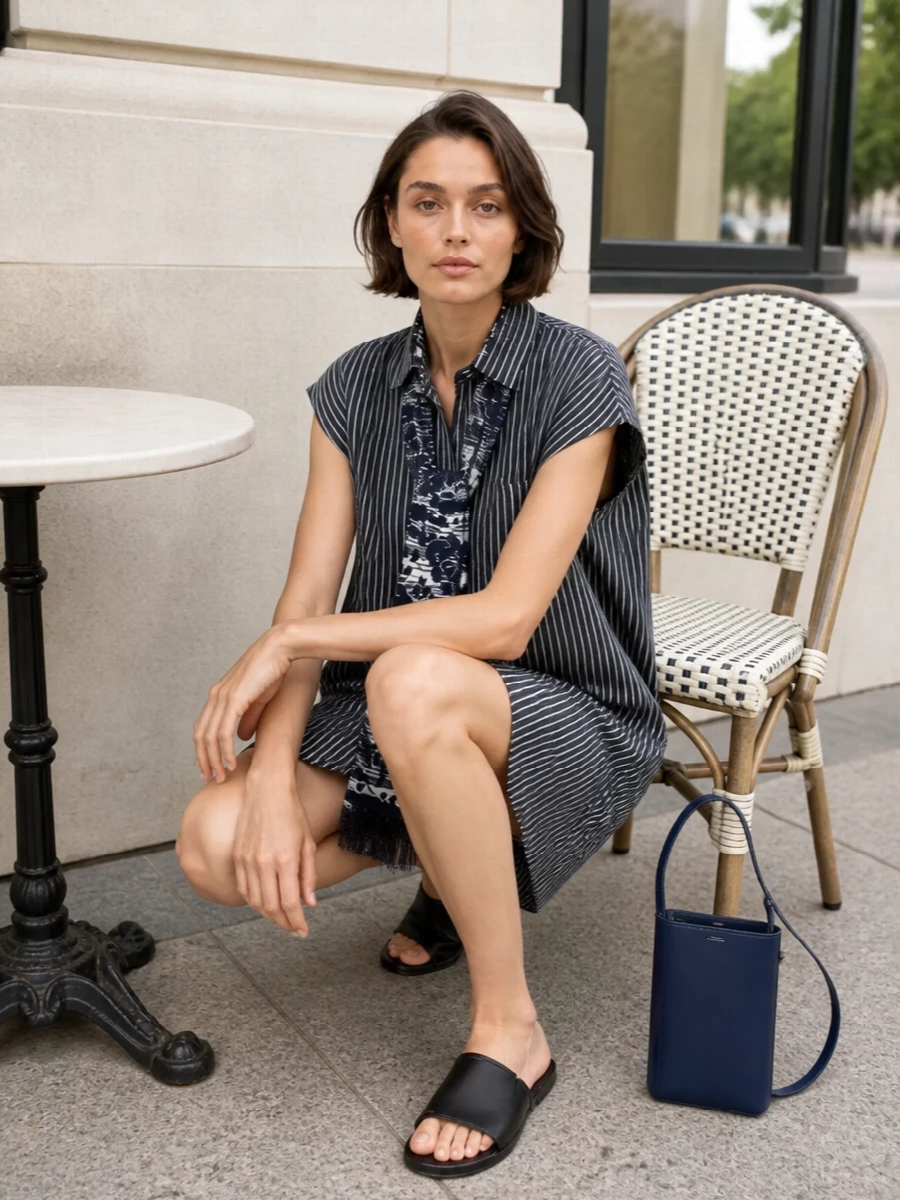 Sacai’s striped shirt dress stays clean and graphic, grounded with barely-there black slides for an easy, modern stride. A slim navy cross-body keeps the palette tight, while the long printed scarf adds a quiet layer of pattern and softness that still feels precise. It is a polished warm-weather uniform that moves easily from errands to a gallery afternoon with just a change of jewellery.