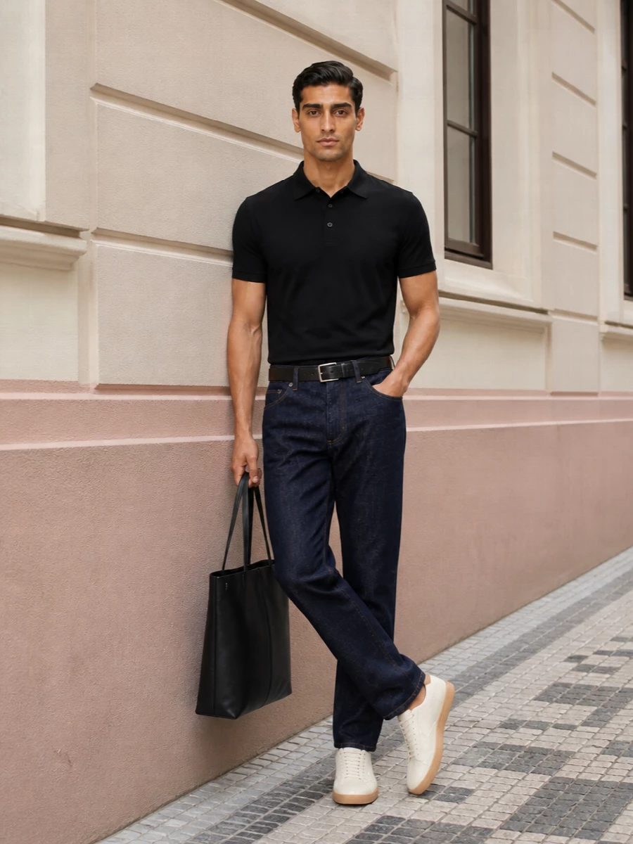 A deep black polo meets dark indigo tailored denim for a precise, city-ready take on casual dressing. Cream leather sneakers and a structured black tote keep the palette calm and focused, while a clean black belt quietly sharpens the line. The result is unfussy, polished and versatile enough for anything from office-adjacent days to understated dinners.