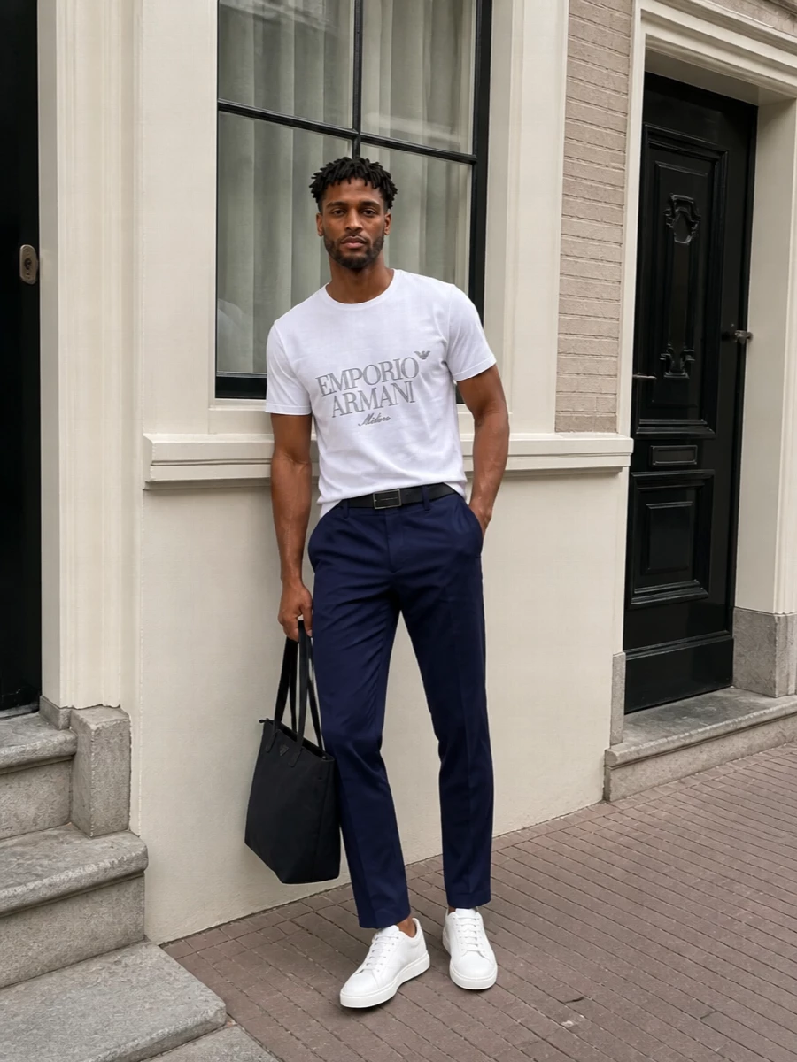 A crisp logo tee is paired with navy straight-leg trousers for a clean, modern take on smart casual. White and light grey sneakers keep the palette bright and refined, while a navy belt and streamlined tote add quiet structure without shouting. It is an easy city uniform that reads polished from coffee runs to casual dinners.