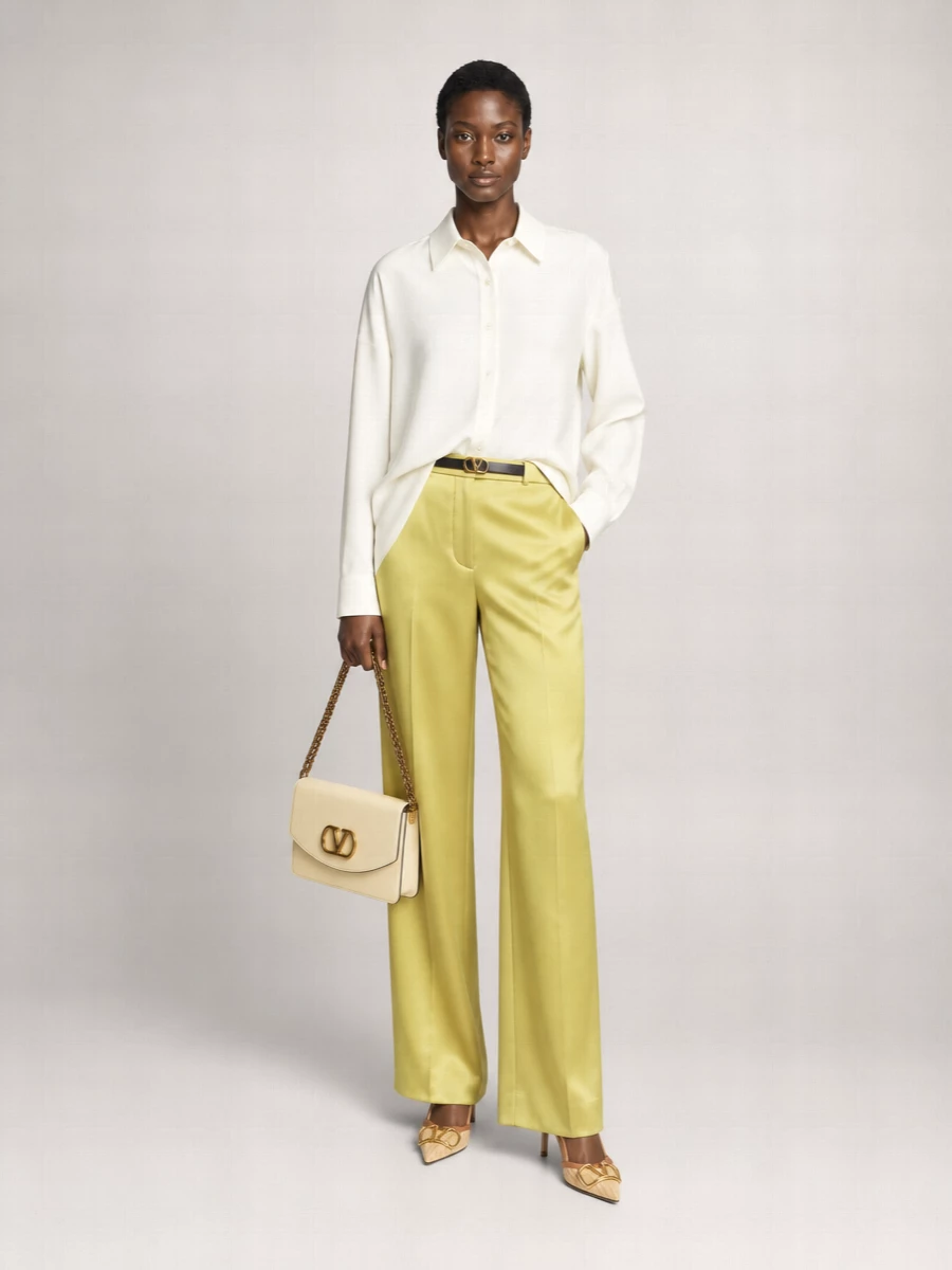 Luminous chartreuse tailoring is grounded with a fluid ivory shirt, creating a relaxed yet precise column of color. Straw-beige slingbacks and a buttercream chain bag keep the mood polished but soft, while a slim logo belt quietly defines the waist. The result is modern summer suiting that feels confident, breathable and distinctly Valentino without a single harsh note.