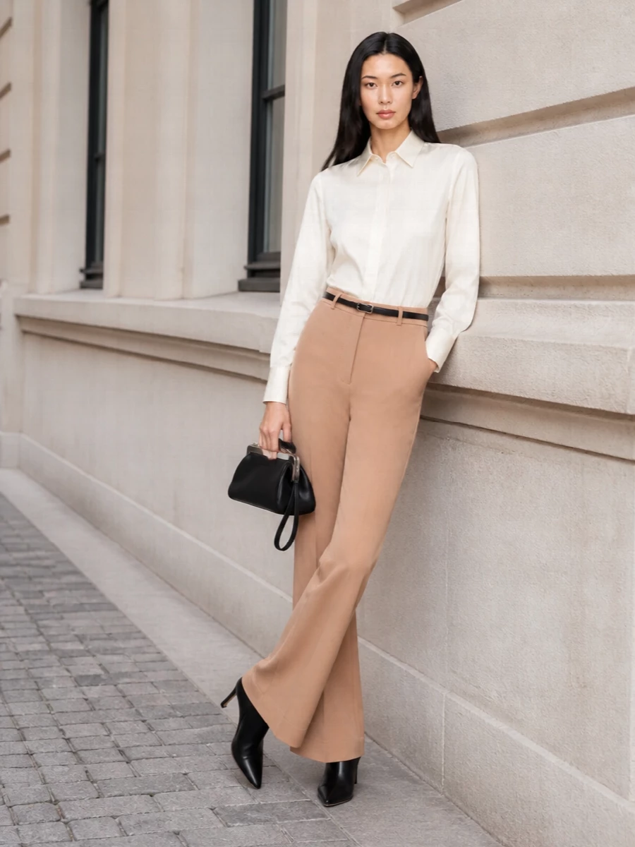 Max mara ivory shirt camel flared trousers outfit