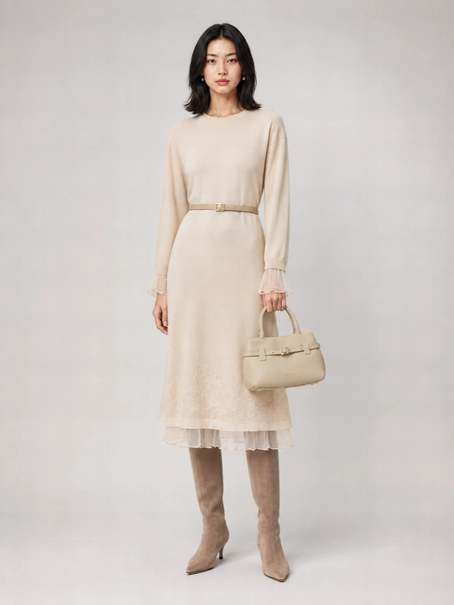 A softly structured neutral story, this pairing lets the floral midi stay light while taupe suede boots and a warm beige mini bag ground it for city days and quiet dinners. The slim belt gives just enough definition at the waist, and pearl-drop earrings add a subtle glow near the face. It feels feminine and polished without tipping into overt occasionwear, ideal for moving from office to weekend without a change.