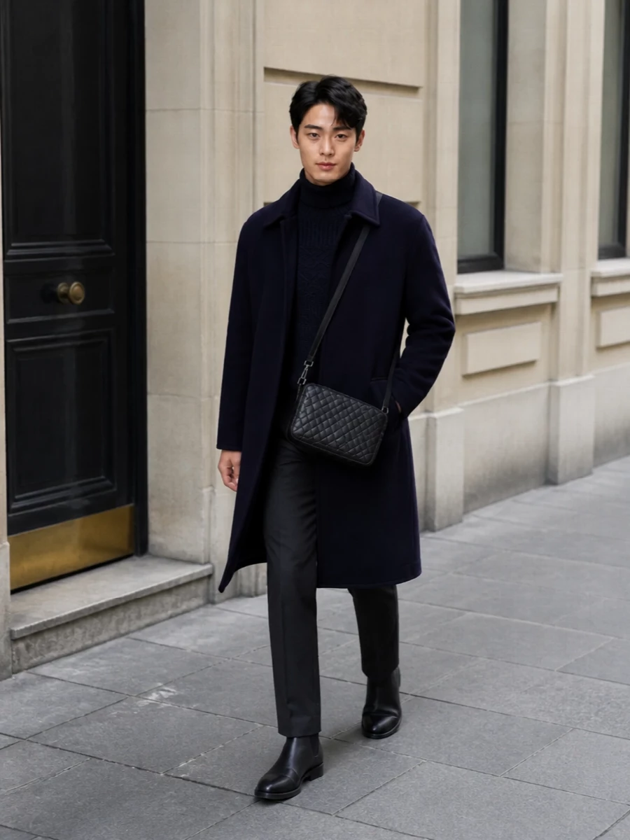 Zegna navy overcoat turtleneck chelsea boots outfit
