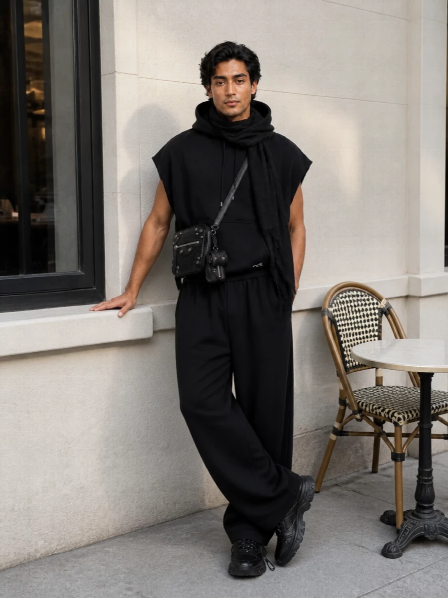 Balenciaga black wide leg streetwear outfit