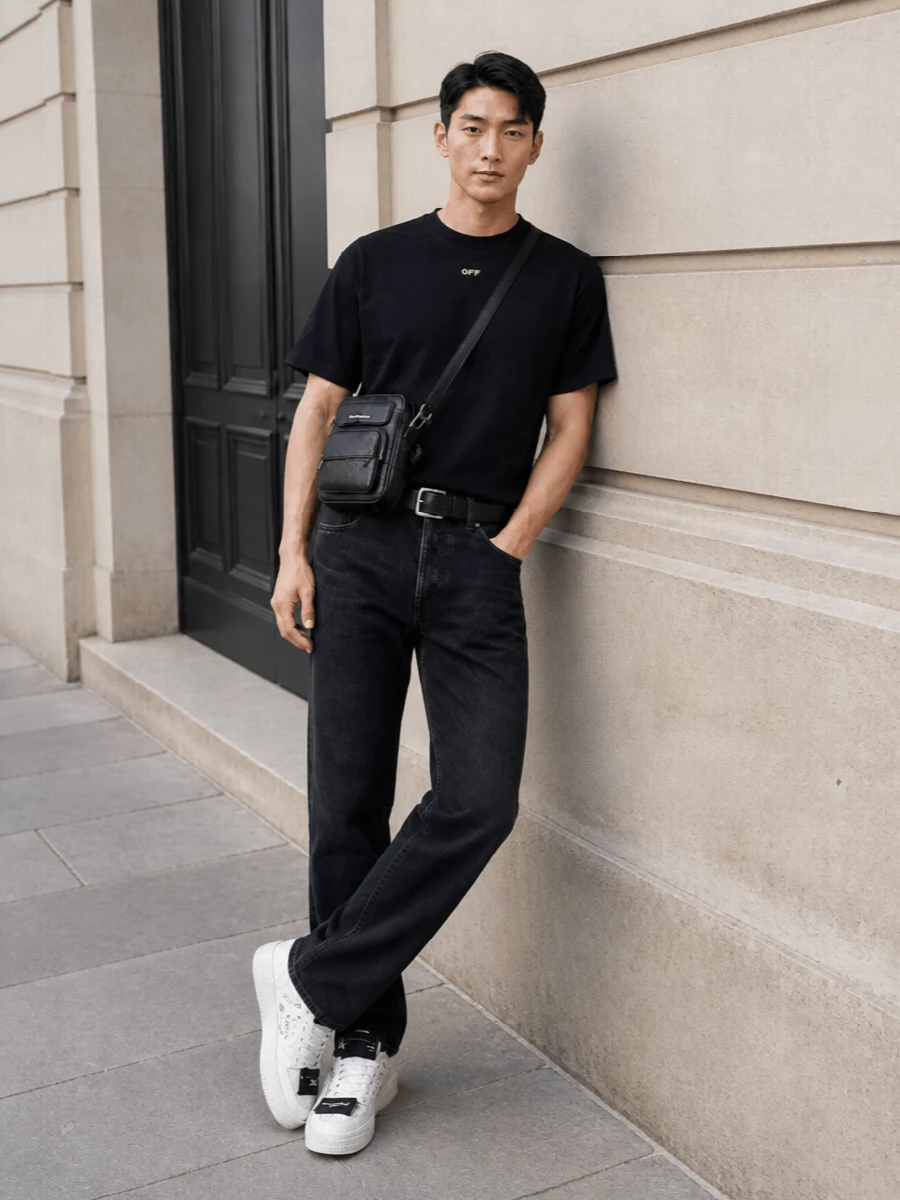 Off white black tee denim streetwear outfit