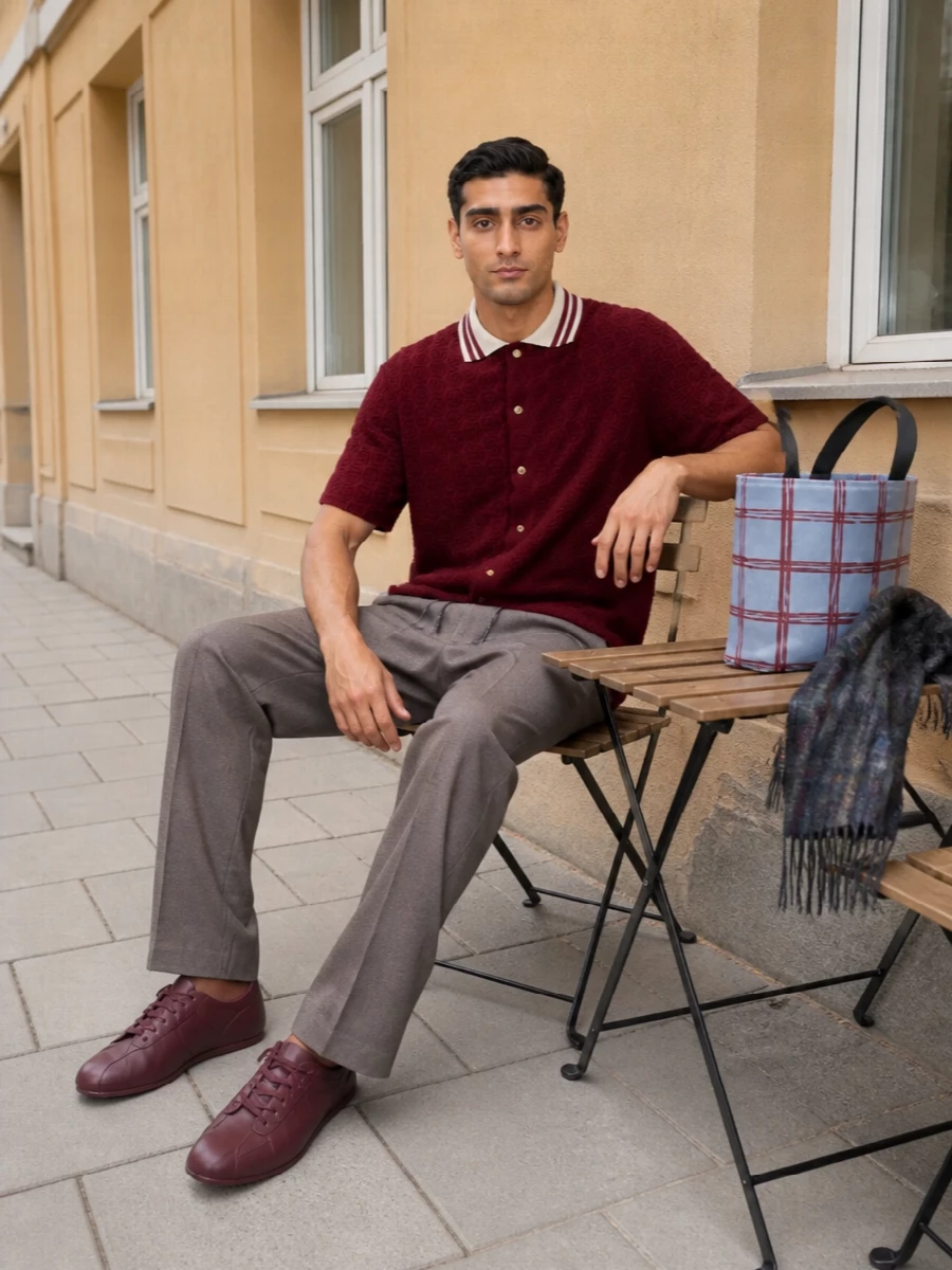 Drole de monsieur burgundy shirt taupe trousers