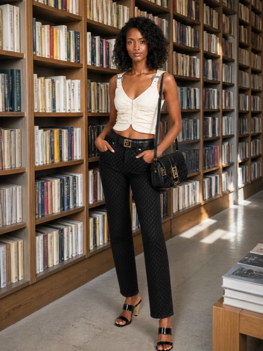 Versace black jeans ruched ivory top night out