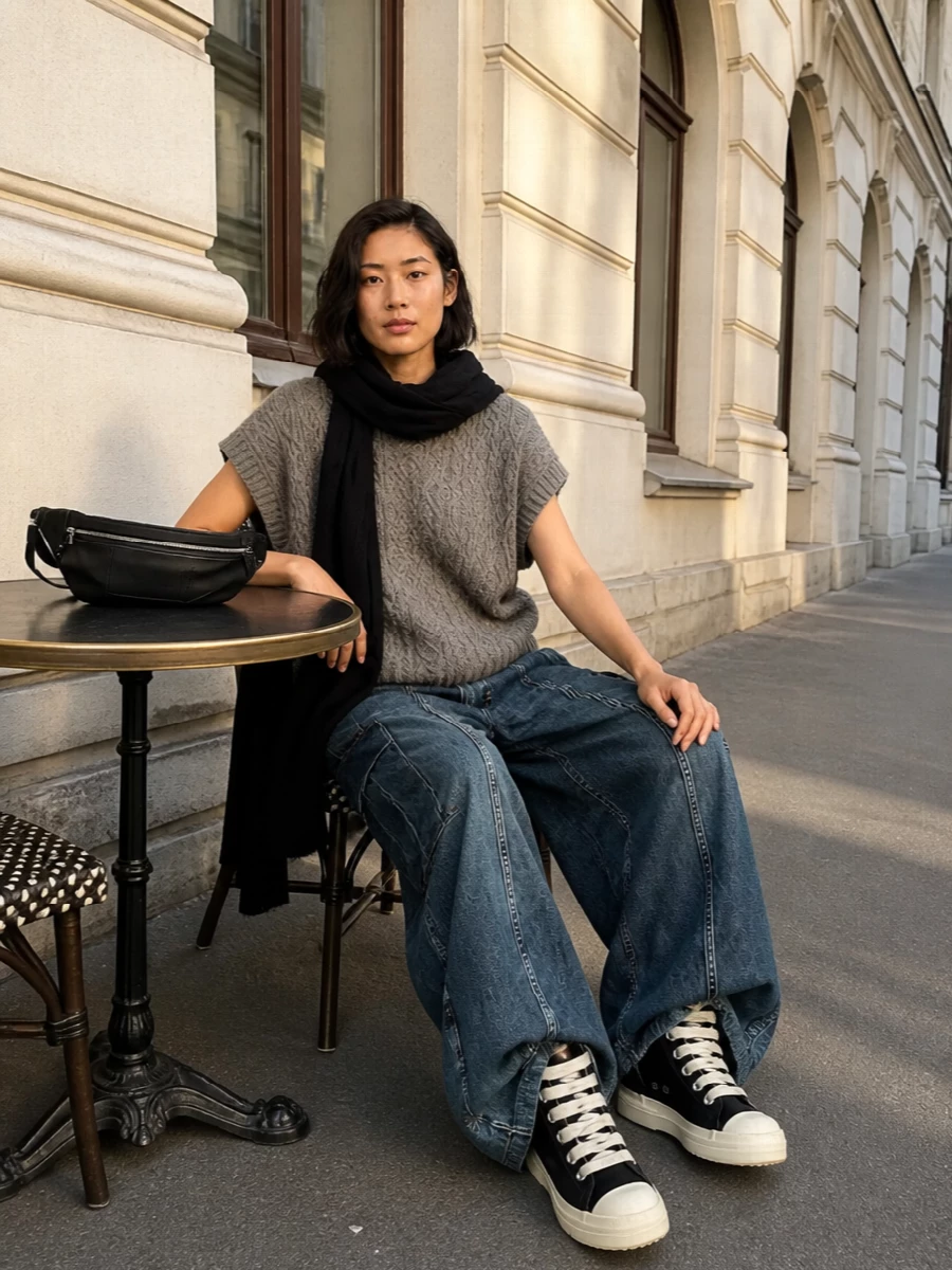 R13 wide leg cargo jeans rick owens sneakers