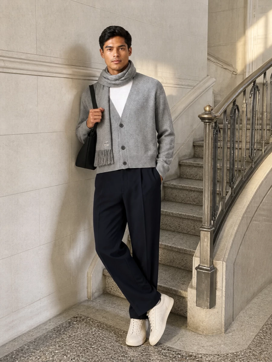 A heather grey cardigan over a white base is grounded by deep navy pleated trousers for a calm, precise balance of relaxed and tailored. Cream leather sneakers keep the palette soft and modern, while a structured black shoulder bag and tonal grey scarf sharpen the finish without adding visual noise. The result is quietly confident city dressing that moves easily from daytime errands to understated dinners.