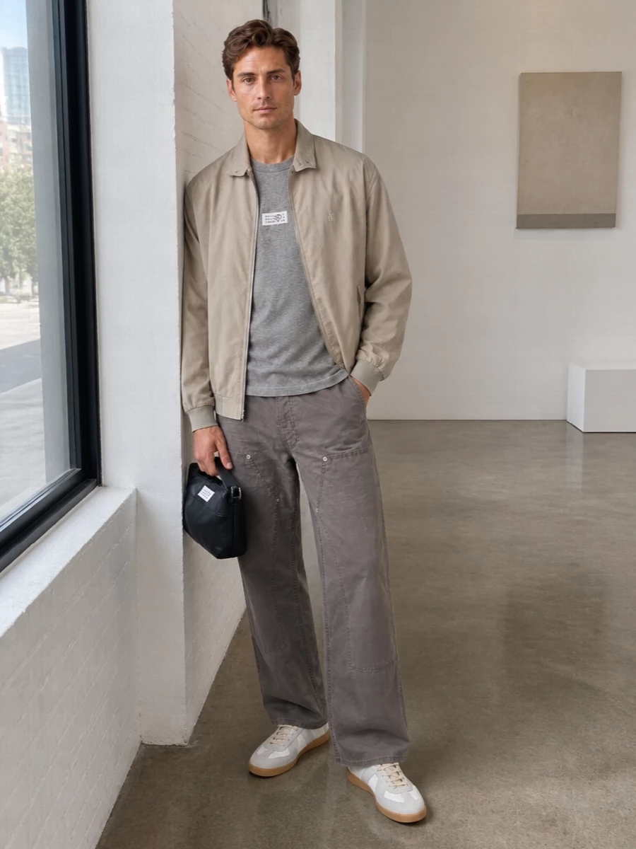 Stone and taupe neutrals run through the bomber, tee and articulated wide-leg trouser for a calm, minimalist streetwear uniform. Off-white gum-sole sneakers keep it light and relaxed, while the padded black Margiela bag adds just enough structure and brand detail. The proportions stay easy and roomy on top and bottom, reading quietly luxurious rather than oversized for the sake of it.