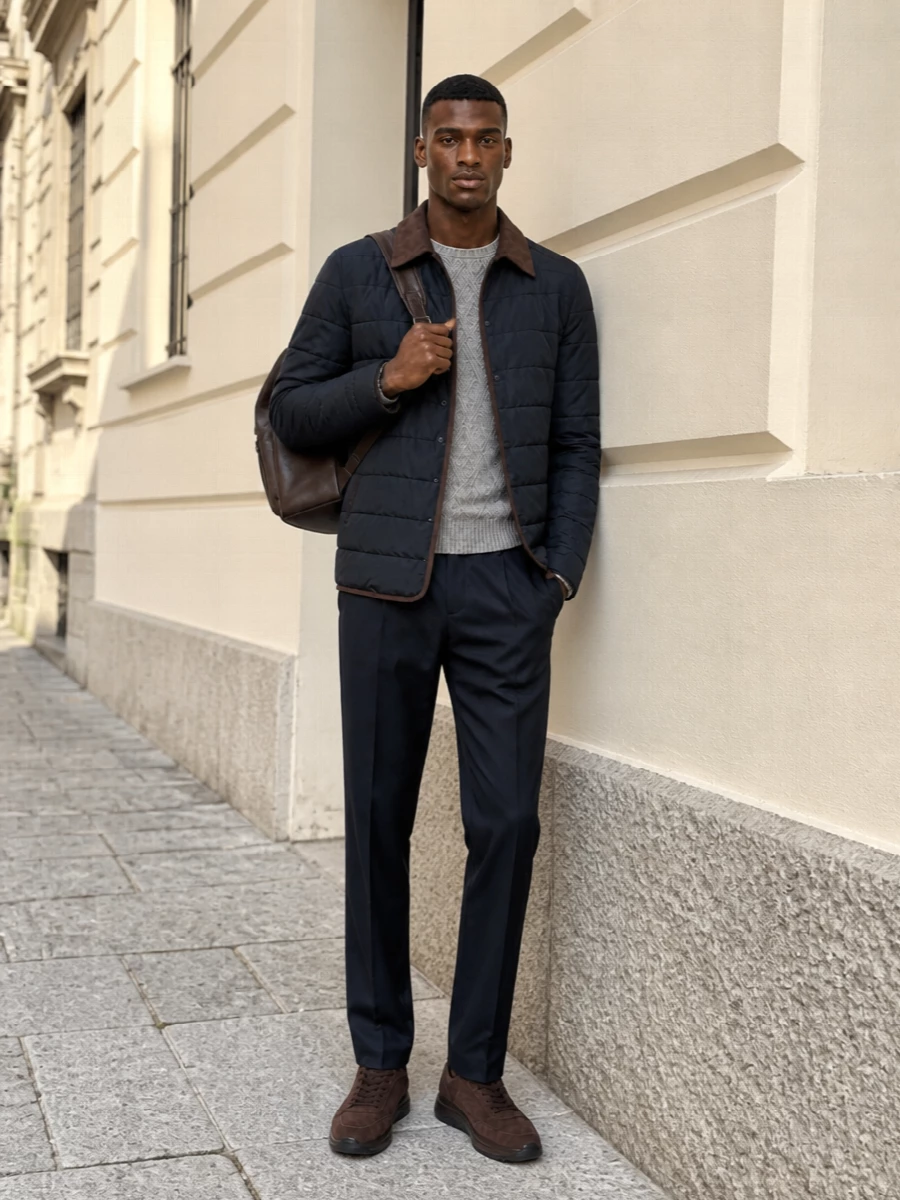 Herno quilted jacket tailored trouser outfit