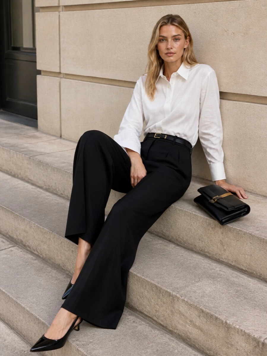 Saint laurent black wide leg trousers white shirt