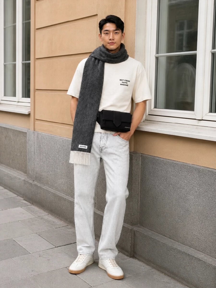 Washed white denim and a creamy oversized slogan tee create a crisp monochrome foundation with a subtle street edge. Off-white sneakers and a black belt bag keep the lines clean and practical, while the charcoal scarf adds depth so the whole outfit feels considered rather than stark. It is an easy, graphic uniform for city days when you want relaxed volume and a tight, neutral palette.